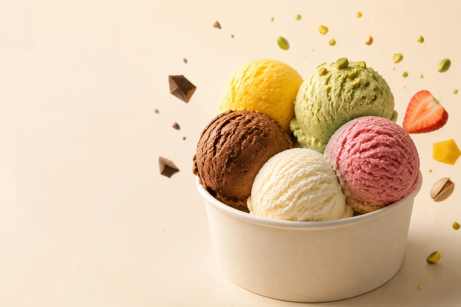Fünf Sorten handgemachtes Eis in einem Becher